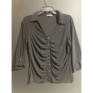 PerSeption Concept Women's Blouse‎ Size XL Silver Buttons  3/4 Sleeves Black